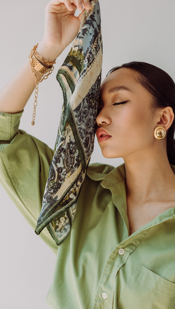 model wearing silk scarf